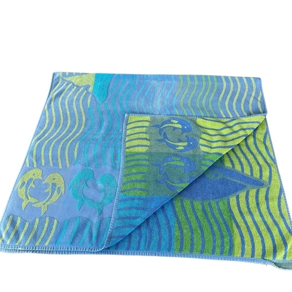Vintage Mervyn’s Dancing Dolphin Waves Cotton Beach Towel Blue Green 36x64 FLAWS